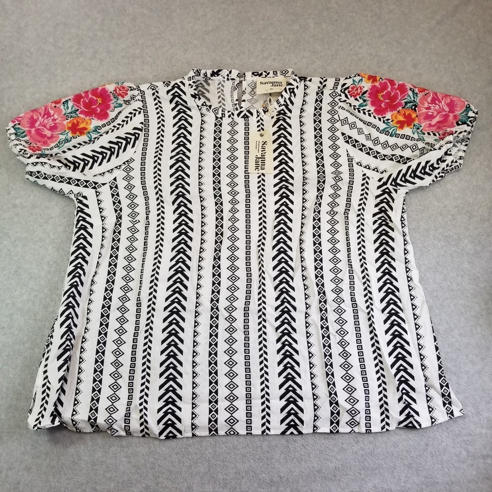 Savanna Jane Shirt Womens Plus Size 3X White Embroidered Floral Tribal Boho NWT